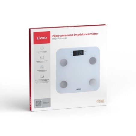Pese-personne impédancemetre - LIVOO - DOM427W - 7 indicateurs - Max 180 kg - 13 profils - LCD - Marche et arret auto - Blanc