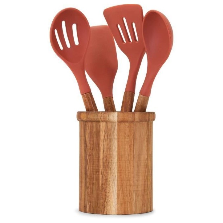 Set de 4 ustensiles - LIVOO - MES153 - Pot et ustensiles acacia FSC - En silicone 31 cm - Pot 15 x 12 cm Set de 4 ustensiles - LIVOO - MES153 - Pot et ustensiles acacia FSC - En silicone 31 cm - Pot 15 x 12 cm