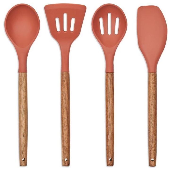 Set de 4 ustensiles - LIVOO - MES153 - Pot et ustensiles acacia FSC - En silicone 31 cm - Pot 15 x 12 cm Set de 4 ustensiles - LIVOO - MES153 - Pot et ustensiles acacia FSC - En silicone 31 cm - Pot 15 x 12 cm