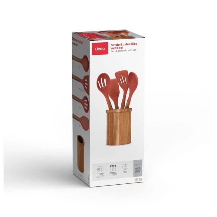 Set de 4 ustensiles - LIVOO - MES153 - Pot et ustensiles acacia FSC - En silicone 31 cm - Pot 15 x 12 cm Set de 4 ustensiles - LIVOO - MES153 - Pot et ustensiles acacia FSC - En silicone 31 cm - Pot 15 x 12 cm