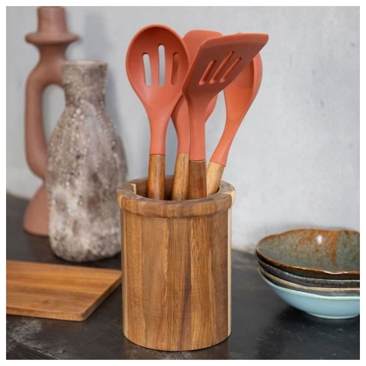 Set de 4 ustensiles - LIVOO - MES153 - Pot et ustensiles acacia FSC - En silicone 31 cm - Pot 15 x 12 cm Set de 4 ustensiles - LIVOO - MES153 - Pot et ustensiles acacia FSC - En silicone 31 cm - Pot 15 x 12 cm