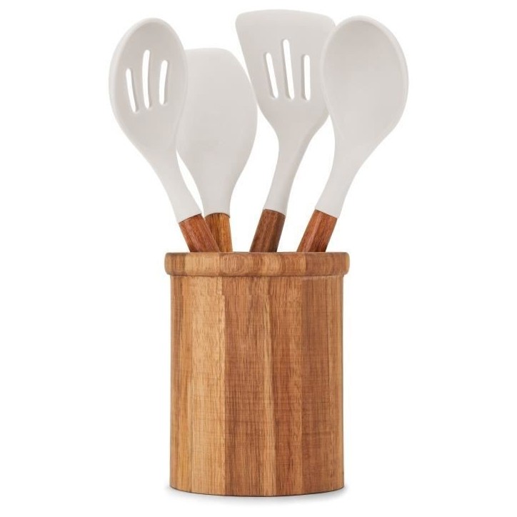 Set de 4 ustensiles avec pot - LIVOO - MES153G - Pot et ustensiles acacia FSC - En silicone 31 cm - Pot 15 sx 12 cm Set de 4 ustensiles avec pot - LIVOO - MES153G - Pot et ustensiles acacia FSC - En silicone 31 cm - Pot 15 sx 12 cm