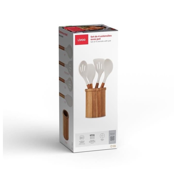 Set de 4 ustensiles avec pot - LIVOO - MES153G - Pot et ustensiles acacia FSC - En silicone 31 cm - Pot 15 sx 12 cm Set de 4 ustensiles avec pot - LIVOO - MES153G - Pot et ustensiles acacia FSC - En silicone 31 cm - Pot 15 sx 12 cm