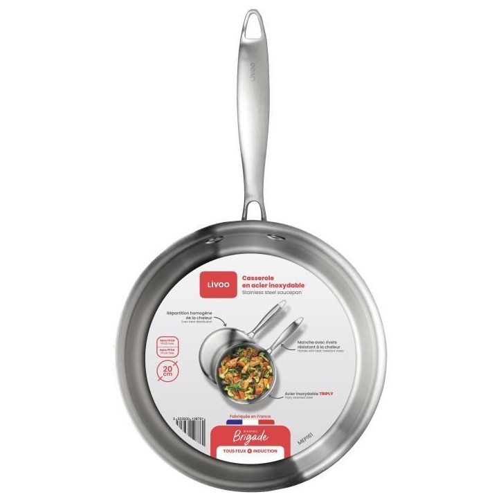 Casserole en acier inoxydable 18/10 Brigade 20 cm - LIVOO - MEP161 - Acier inox. Triply - Tous feux dont induction - Made in Fra Casserole en acier inoxydable 18/10 Brigade 20 cm - LIVOO - MEP161 - Acier inox. Triply - Tous feux dont induction - Made in Fra