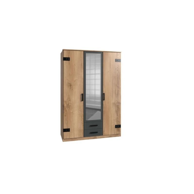 Armoire CORFOU - Décor Chene et gris anthracite + Miroir - 3 portes b Armoire CORFOU - Décor Chene et gris anthracite + Miroir - 3 portes b