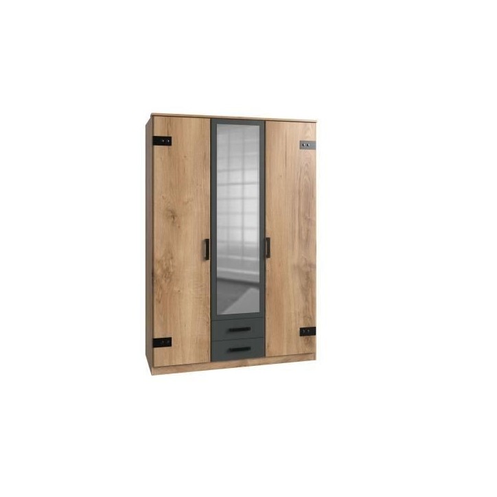 Armoire CORFOU - Décor Chene et gris anthracite + Miroir - 3 portes battantes - 2 tiroirs - L135 x P58 x H199 cm Armoire CORFOU - Décor Chene et gris anthracite + Miroir - 3 portes battantes - 2 tiroirs - L135 x P58 x H199 cm