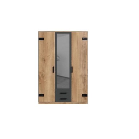 Armoire CORFOU - Décor Chene et gris anthracite + Miroir - 3 portes battantes - 2 tiroirs - L135 x P58 x H199 cm