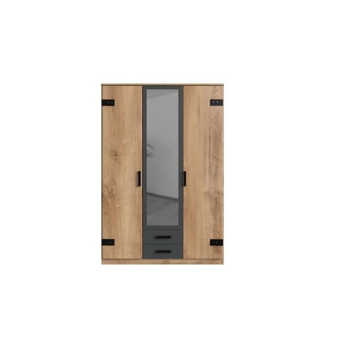 Armoire CORFOU - Décor Chene et gris anthracite + Miroir - 3 portes battantes - 2 tiroirs - L135 x P58 x H199 cm Armoire CORFOU - Décor Chene et gris anthracite + Miroir - 3 portes battantes - 2 tiroirs - L135 x P58 x H199 cm