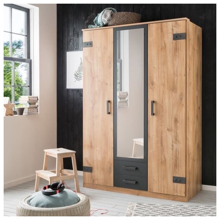 Armoire CORFOU - Décor Chene et gris anthracite + Miroir - 3 portes battantes - 2 tiroirs - L135 x P58 x H199 cm Armoire CORFOU - Décor Chene et gris anthracite + Miroir - 3 portes battantes - 2 tiroirs - L135 x P58 x H199 cm