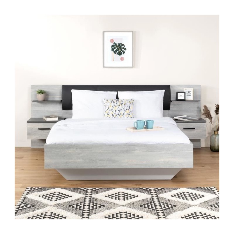 LEONARD Lit adulte 140 x 190 cm + 2 Chevets et Tete de lit en simili - LEONARD Lit adulte 140 x 190 cm + 2 Chevets et Tete de lit en simili -