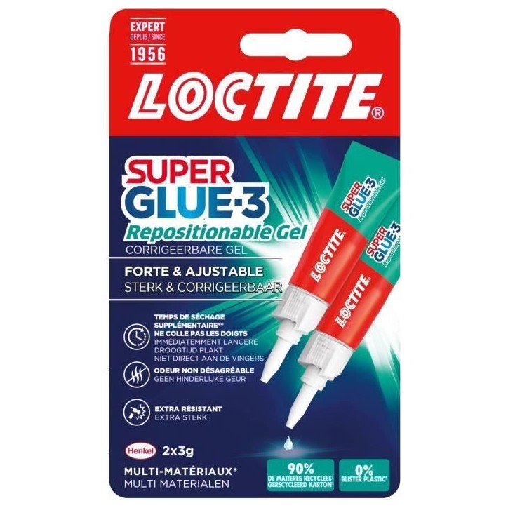 Colles Cyanoacrylates - LOCTITE - SUPERGLUE-3 - Repositionable - Gel 3g - Lot de 2 Blister - Carton 12uc Colles Cyanoacrylates - LOCTITE - SUPERGLUE-3 - Repositionable - Gel 3g - Lot de 2 Blister - Carton 12uc