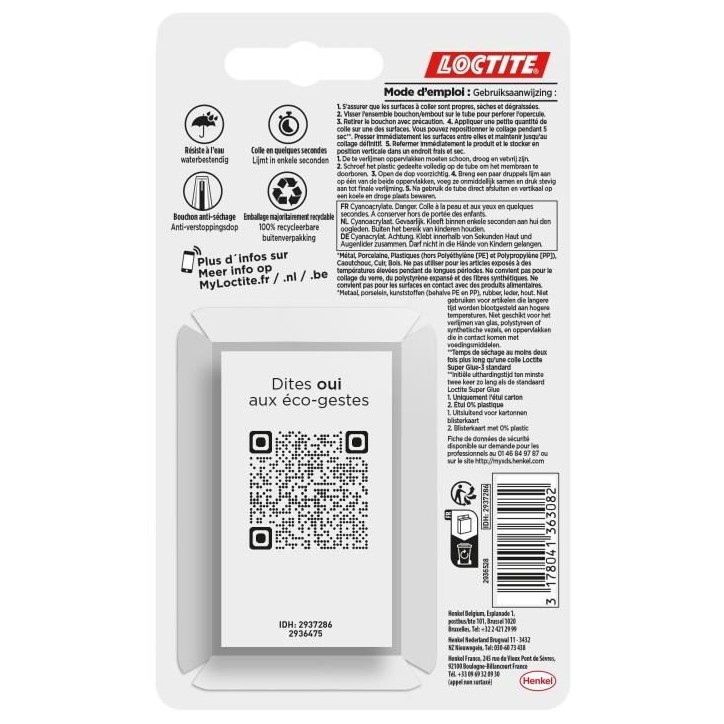 Colles Cyanoacrylates - LOCTITE - SUPERGLUE-3 - Repositionable - Gel 3g - Lot de 2 Blister - Carton 12uc Colles Cyanoacrylates - LOCTITE - SUPERGLUE-3 - Repositionable - Gel 3g - Lot de 2 Blister - Carton 12uc