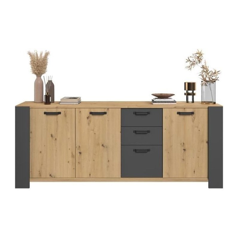 Buffet LOFT - Décor chene artisan et mélamine gris ombre - 3 portes Buffet LOFT - Décor chene artisan et mélamine gris ombre - 3 portes