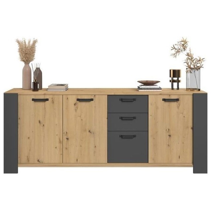 Buffet LOFT - Décor chene artisan et mélamine gris ombre - 3 portes et 3 tiroirs - L 220 x P 52 x H 86.5 cm - PARISOT Buffet LOFT - Décor chene artisan et mélamine gris ombre - 3 portes et 3 tiroirs - L 220 x P 52 x H 86.5 cm - PARISOT