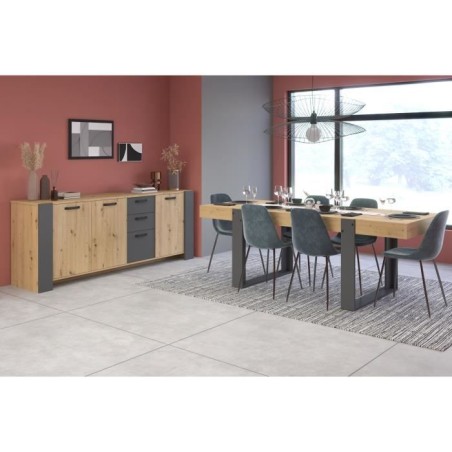 Buffet LOFT - Décor chene artisan et mélamine gris ombre - 3 portes et 3 tiroirs - L 220 x P 52 x H 86.5 cm - PARISOT