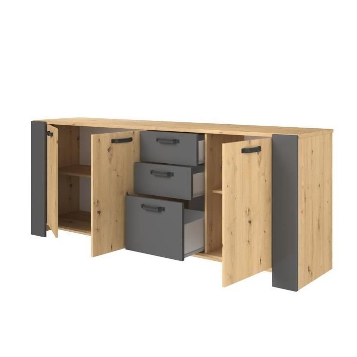 Buffet LOFT - Décor chene artisan et mélamine gris ombre - 3 portes et 3 tiroirs - L 220 x P 52 x H 86.5 cm - PARISOT Buffet LOFT - Décor chene artisan et mélamine gris ombre - 3 portes et 3 tiroirs - L 220 x P 52 x H 86.5 cm - PARISOT