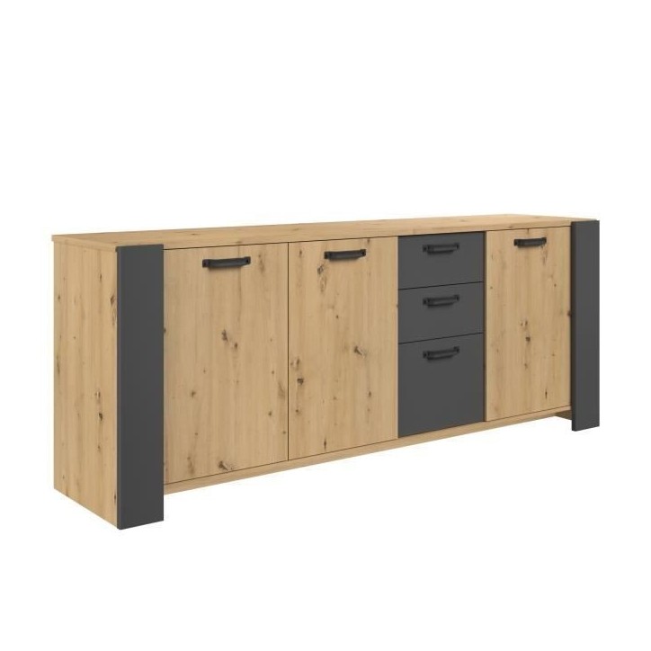 Buffet LOFT - Décor chene artisan et mélamine gris ombre - 3 portes et 3 tiroirs - L 220 x P 52 x H 86.5 cm - PARISOT Buffet LOFT - Décor chene artisan et mélamine gris ombre - 3 portes et 3 tiroirs - L 220 x P 52 x H 86.5 cm - PARISOT