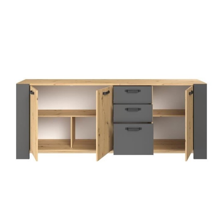 Buffet LOFT - Décor chene artisan et mélamine gris ombre - 3 portes et 3 tiroirs - L 220 x P 52 x H 86.5 cm - PARISOT Buffet LOFT - Décor chene artisan et mélamine gris ombre - 3 portes et 3 tiroirs - L 220 x P 52 x H 86.5 cm - PARISOT