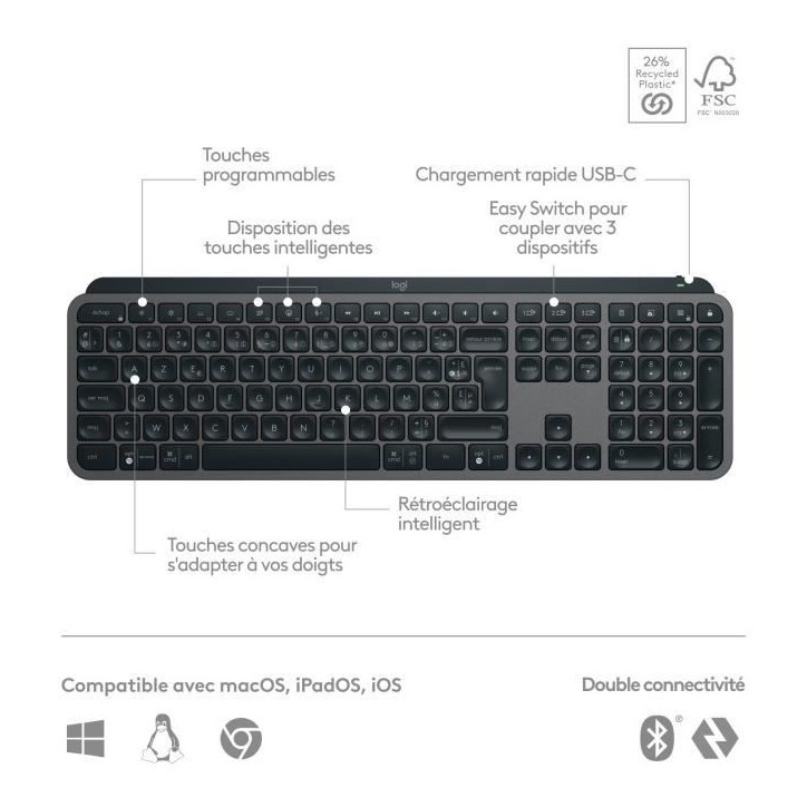 Clavier - Sans fil - Logitech - MX Keys S - AZERTY -Graphite Clavier - Sans fil - Logitech - MX Keys S - AZERTY -Graphite