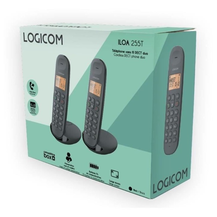 Téléphone fixe sans fil - LOGICOM - DECT ILOA 255T DUO - Noir - Avec répondeur Téléphone fixe sans fil - LOGICOM - DECT ILOA 255T DUO - Noir - Avec répondeur