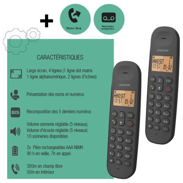 Téléphone fixe sans fil - LOGICOM - DECT ILOA 255T DUO - Noir - Avec répondeur Téléphone fixe sans fil - LOGICOM - DECT ILOA 255T DUO - Noir - Avec répondeur