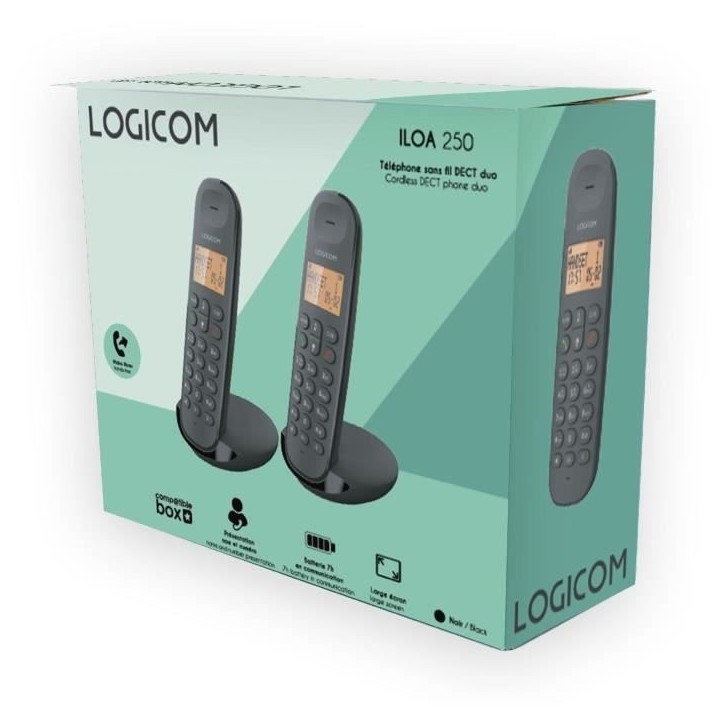 Téléphone fixe sans fil - LOGICOM - DECT ILOA 250 DUO - Noir - Sans répondeur Téléphone fixe sans fil - LOGICOM - DECT ILOA 250 DUO - Noir - Sans répondeur