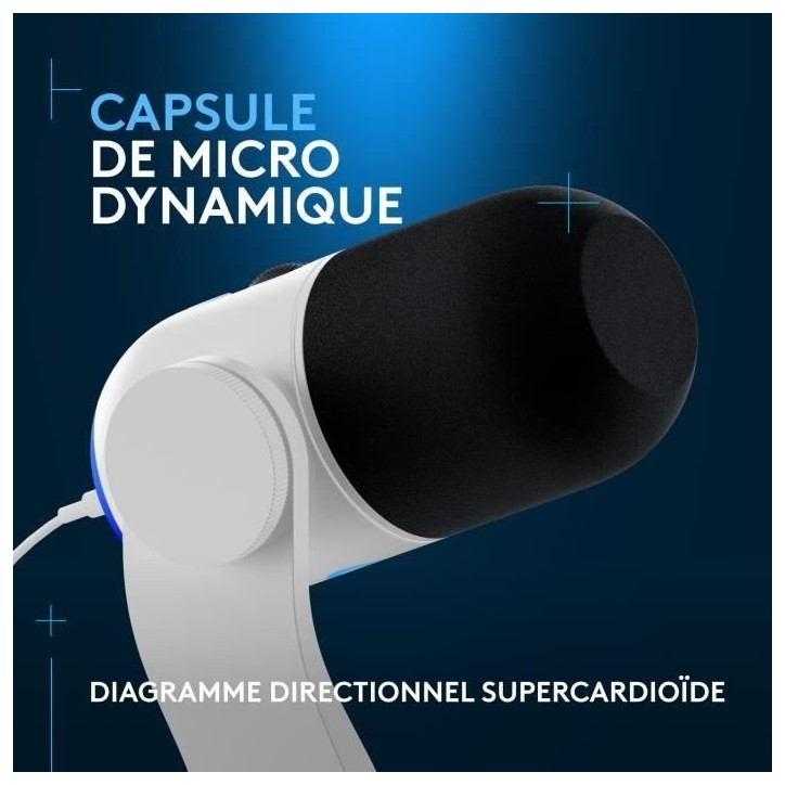 Microphone Logitech G Yeti GX gaming RVB dynamique avec LIGHTSYNC pour PC/Mac - Blanc