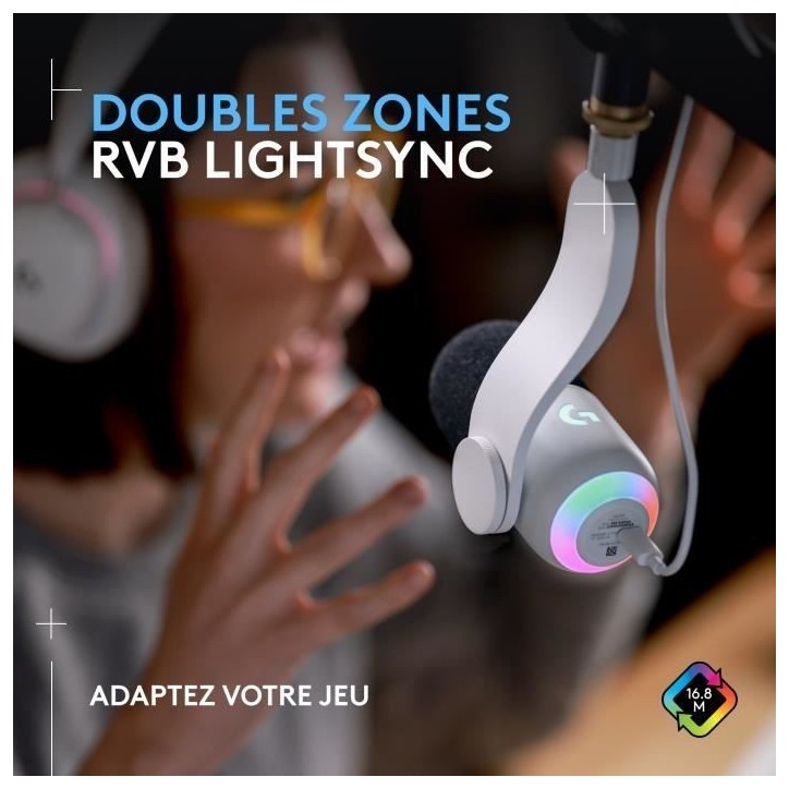 Microphone Logitech G Yeti GX gaming RVB dynamique avec LIGHTSYNC pour PC/Mac - Blanc