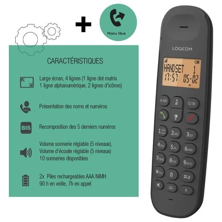 Téléphone fixe sans fil - LOGICOM - DECT ILOA 150 SOLO - Noir - Sans répondeur Téléphone fixe sans fil - LOGICOM - DECT ILOA 150 SOLO - Noir - Sans répondeur