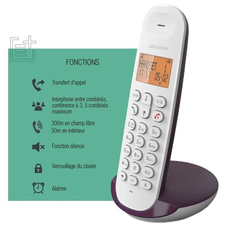 Téléphone fixe sans fil - LOGICOM - DECT ILOA 150 SOLO - Aubergine - Sans répondeur Téléphone fixe sans fil - LOGICOM - DECT ILOA 150 SOLO - Aubergine - Sans répondeur