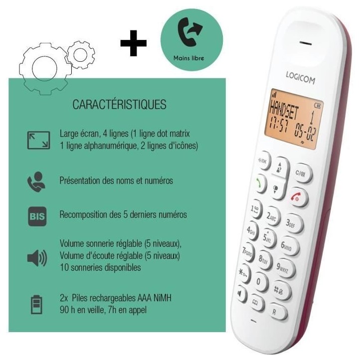 Téléphone fixe sans fil - LOGICOM - DECT ILOA 150 SOLO - Framboise - Sans répondeur Téléphone fixe sans fil - LOGICOM - DECT ILOA 150 SOLO - Framboise - Sans répondeur