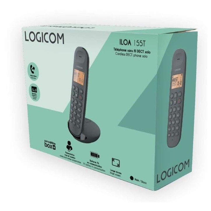 Téléphone fixe sans fil - LOGICOM - DECT ILOA 155T SOLO - Noir - Avec répondeur Téléphone fixe sans fil - LOGICOM - DECT ILOA 155T SOLO - Noir - Avec répondeur