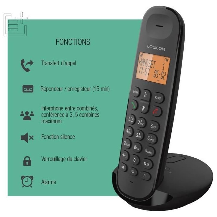 Téléphone fixe sans fil - LOGICOM - DECT ILOA 155T SOLO - Noir - Avec répondeur Téléphone fixe sans fil - LOGICOM - DECT ILOA 155T SOLO - Noir - Avec répondeur