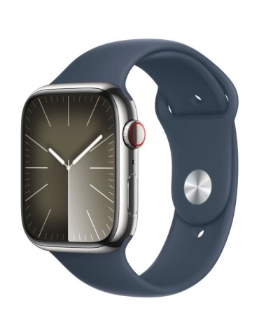 Apple Watch Series 9 GPS + Cellular - 45mm - Boîtier Acier Argent - Bracelet Storm Blue Sport Band - S/M