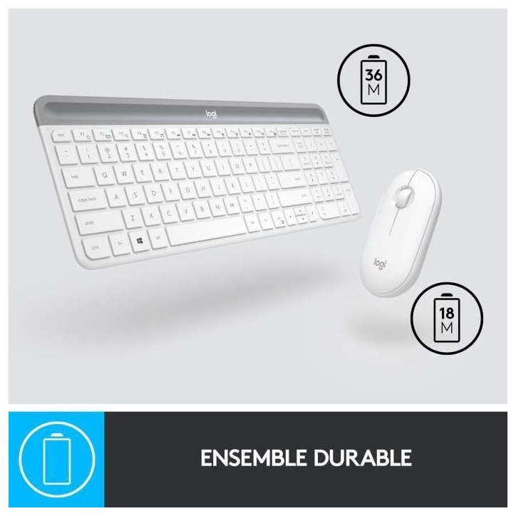 Ensemble Clavier Souris - Sans fil - Logitech - MK470 Slim - Silencieux - AZERTY - Blanc Ensemble Clavier Souris - Sans fil - Logitech - MK470 Slim - Silencieux - AZERTY - Blanc
