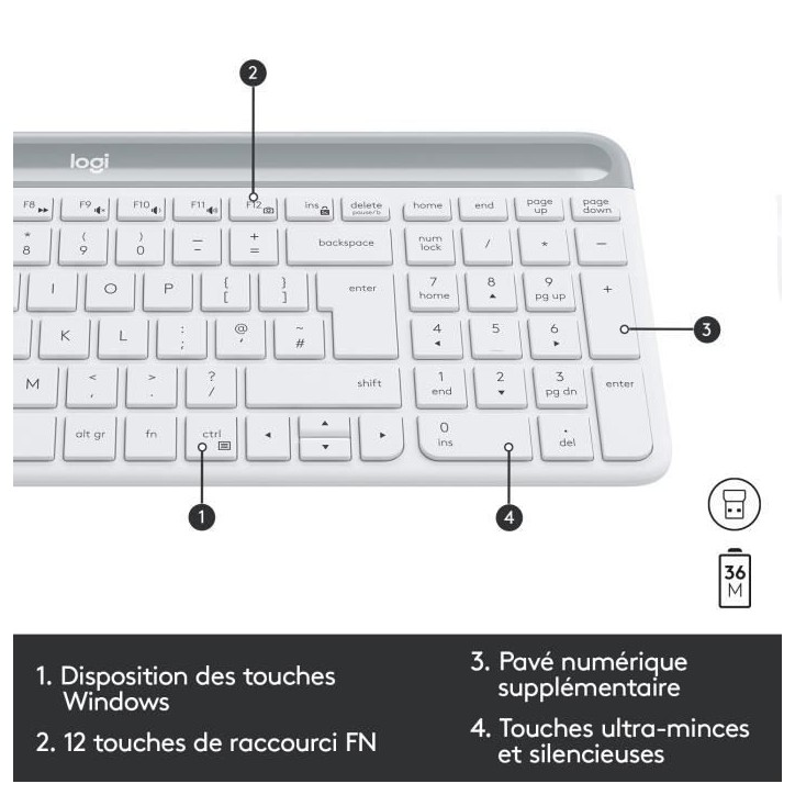 Ensemble Clavier Souris - Sans fil - Logitech - MK470 Slim - Silencieux - AZERTY - Blanc Ensemble Clavier Souris - Sans fil - Logitech - MK470 Slim - Silencieux - AZERTY - Blanc