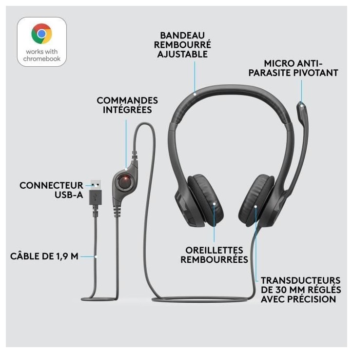 Casque - Filaire - Logitech - H390 - USB - Anti-parasite - Noir Casque - Filaire - Logitech - H390 - USB - Anti-parasite - Noir
