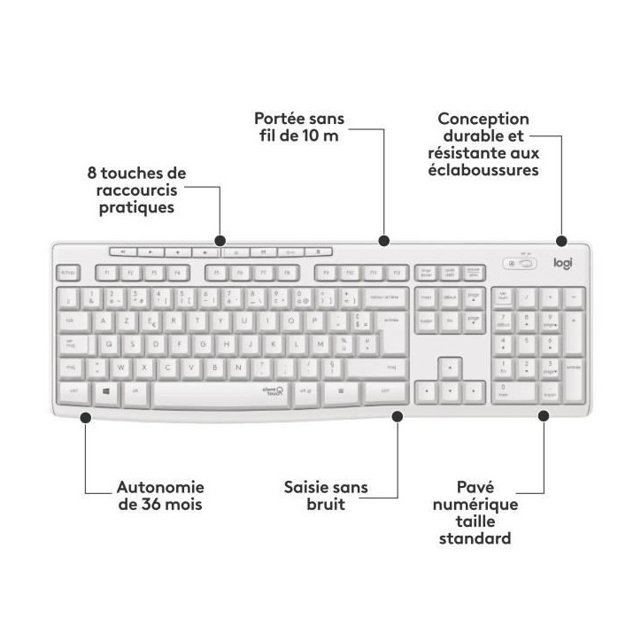 Ensemble Clavier Souris - Sans fil - Logitech - MK295 - AZERTY - Blanc Ensemble Clavier Souris - Sans fil - Logitech - MK295 - AZERTY - Blanc