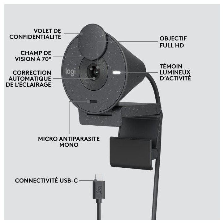 Webcam - Full HD 1080p - Logitech - Brio 300 - Microphone intégré - Graphite