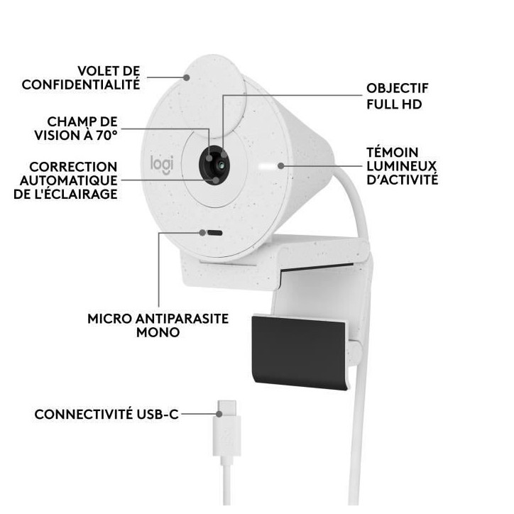 Webcam - Full HD 1080p - Logitech - Brio 300 - Microphone intégré - Blanc Webcam - Full HD 1080p - Logitech - Brio 300 - Microphone intégré - Blanc