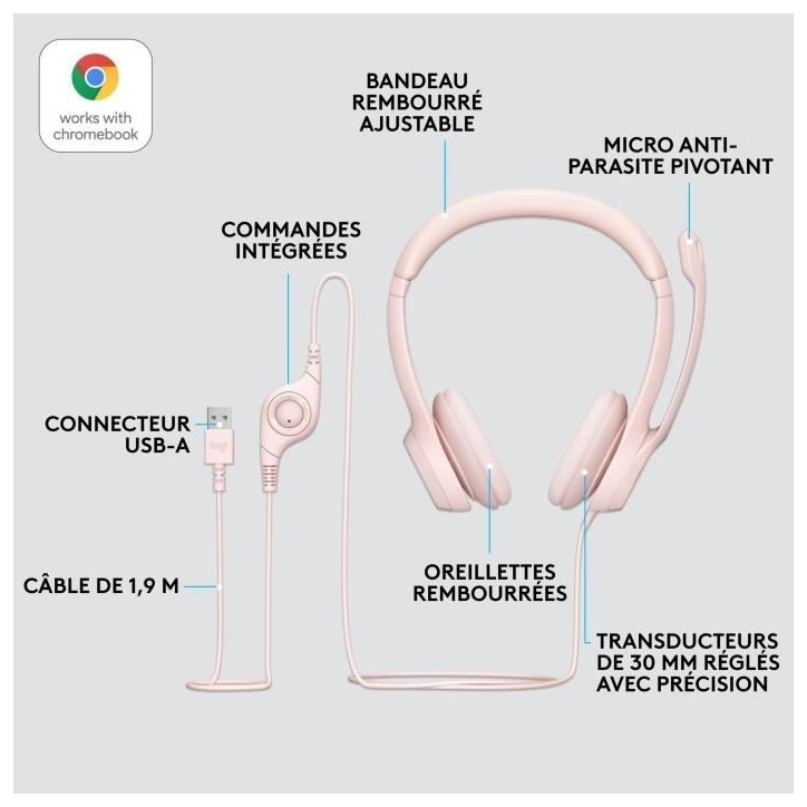 Casque - Filaire - Logitech - H390 - USB - Anti-parasite - Rose Casque - Filaire - Logitech - H390 - USB - Anti-parasite - Rose
