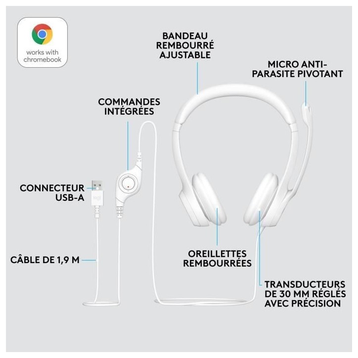 Casque - Filaire - Logitech - H390 - USB - Anti-parasite - Blanc Casque - Filaire - Logitech - H390 - USB - Anti-parasite - Blanc