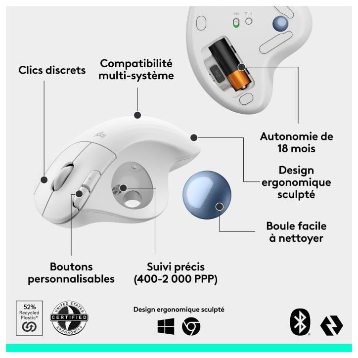 Souris - Sans fil - Logitech - Ergo M575S - Blanc