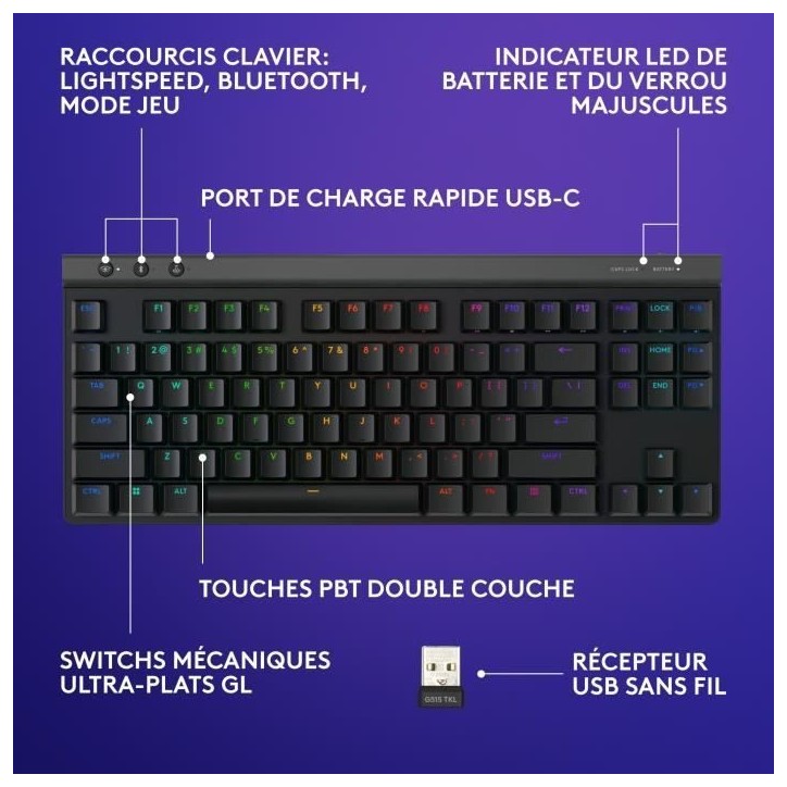 Clavier gamer - Sans fil - Logitech G - G515 TKL Lightspeed - AZERTY - Mécanique linéaire - Rétroéclairé - Noir Clavier gamer - Sans fil - Logitech G - G515 TKL Lightspeed - AZERTY - Mécanique linéaire - Rétroéclairé - Noir