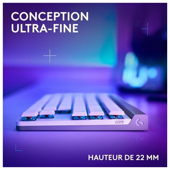 Clavier gamer - Sans fil - Logitech G - G515 TKL Lightspeed - AZERTY - Mécanique tactile - Rétroéclairé - Blanc Clavier gamer - Sans fil - Logitech G - G515 TKL Lightspeed - AZERTY - Mécanique tactile - Rétroéclairé - Blanc