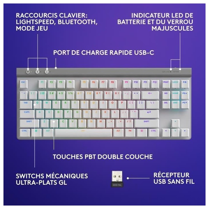 Clavier gamer - Sans fil - Logitech G - G515 TKL Lightspeed - AZERTY - Mécanique tactile - Rétroéclairé - Blanc Clavier gamer - Sans fil - Logitech G - G515 TKL Lightspeed - AZERTY - Mécanique tactile - Rétroéclairé - Blanc