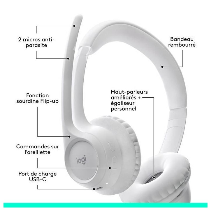 Casque - Sans fil - Logitech - Zone 300 - Bluetooth - Anti-parasite - Blanc