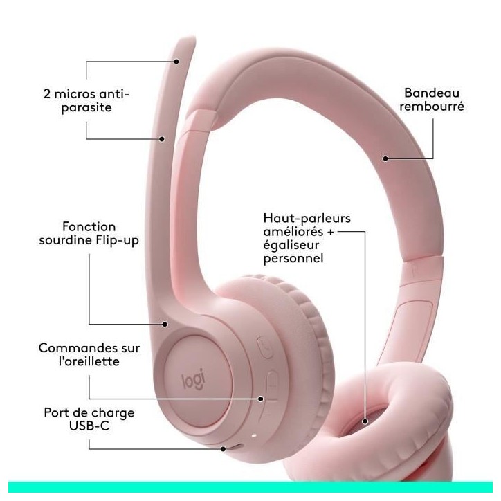 Casque - Sans fil - Logitech - Zone 300 - Bluetooth - Anti-parasite - Rose Casque - Sans fil - Logitech - Zone 300 - Bluetooth - Anti-parasite - Rose