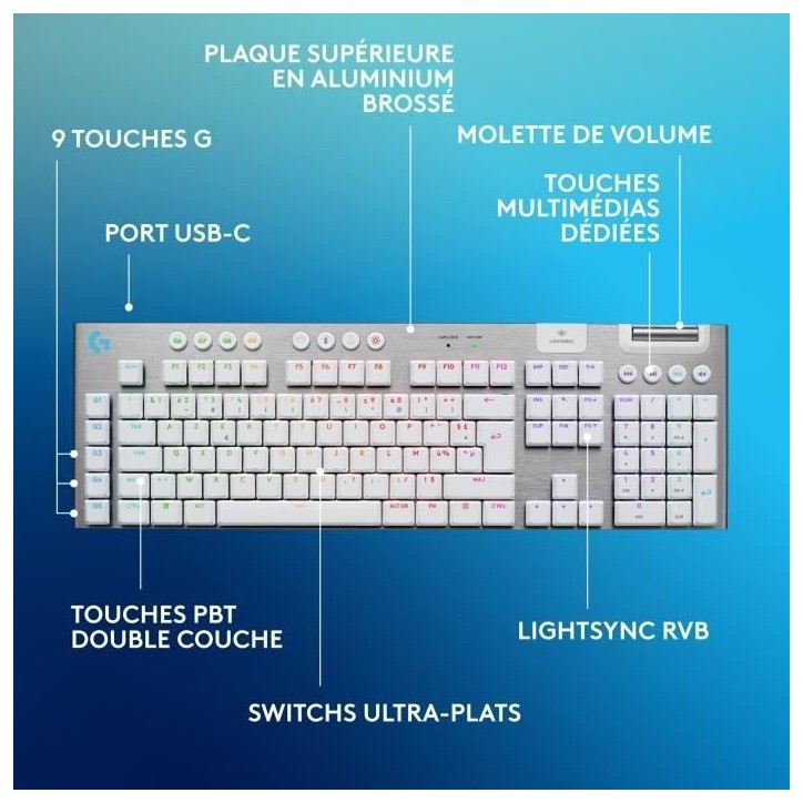Clavier gamer - Sans fil - Logitech G - G915 X - AZERTY - Mécanique - Blanc Clavier gamer - Sans fil - Logitech G - G915 X - AZERTY - Mécanique - Blanc