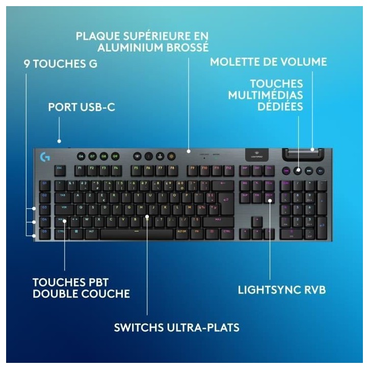 Clavier gamer - Sans fil - Logitech G - G915 X - AZERTY - Switch clicky - Noir Clavier gamer - Sans fil - Logitech G - G915 X - AZERTY - Switch clicky - Noir